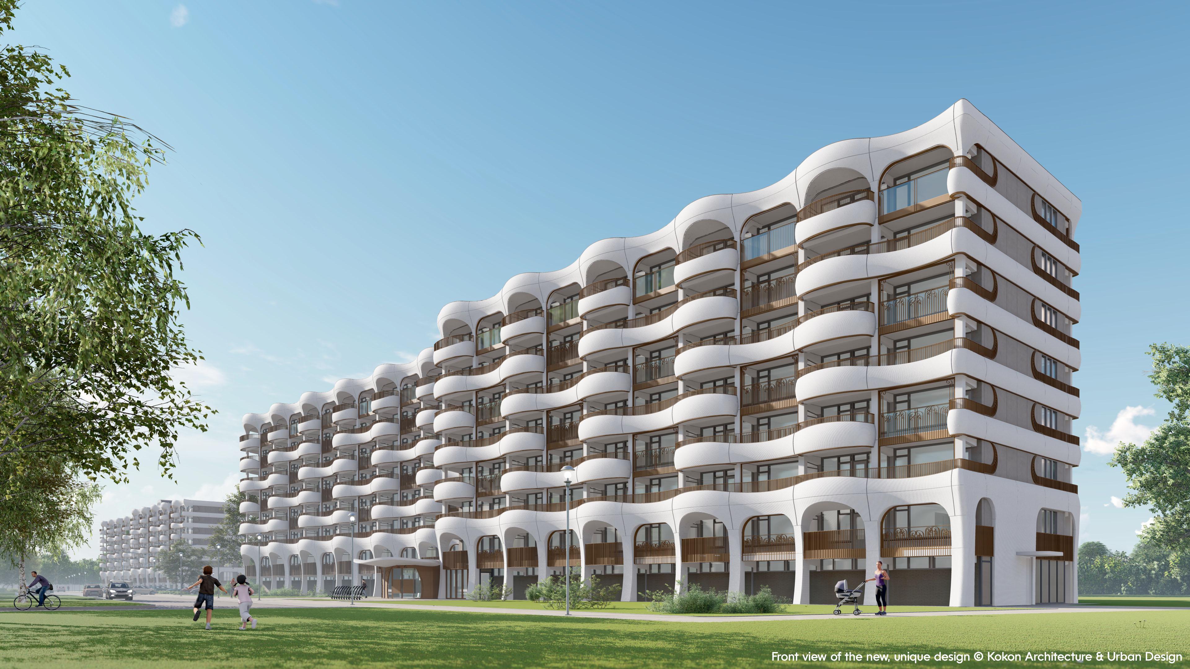 Uit een driedimensionale betonprinter rollen 154 hagelwitte balkons voor flats in Den Helder